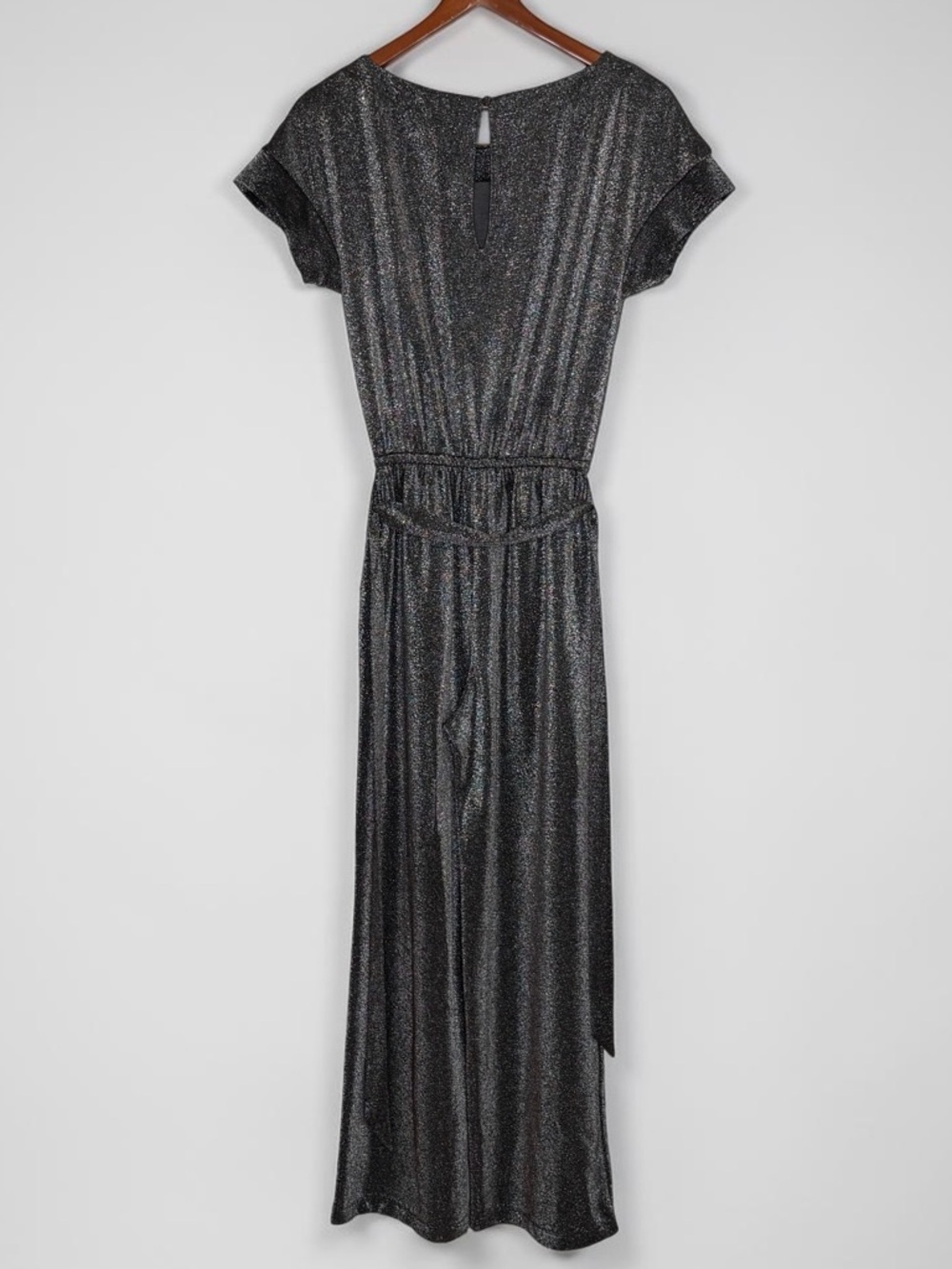 Evereve Silver Sparkle Knit Belted Wide Leg Jumpsuit • Size XS - Picture 3 of 11